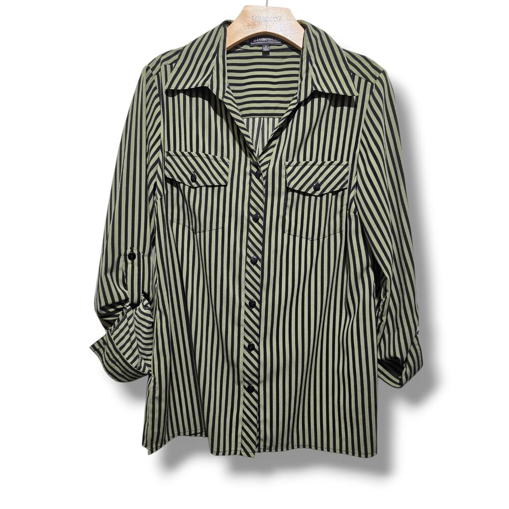 Elementz women's Green & Black Vertical Striped Button Down Blouse Size Small